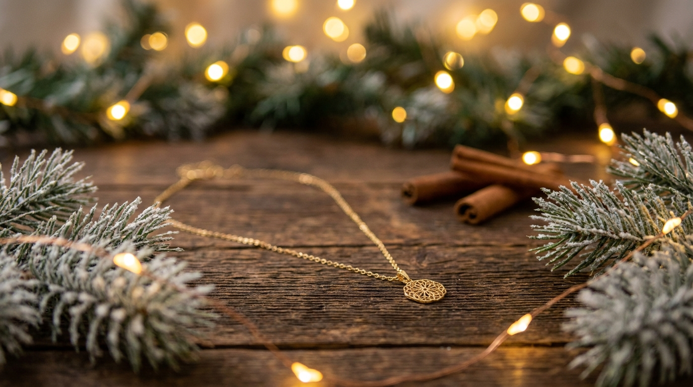 Zarte Goldkette neben Tannenzweigen und Weihnachtslichtern