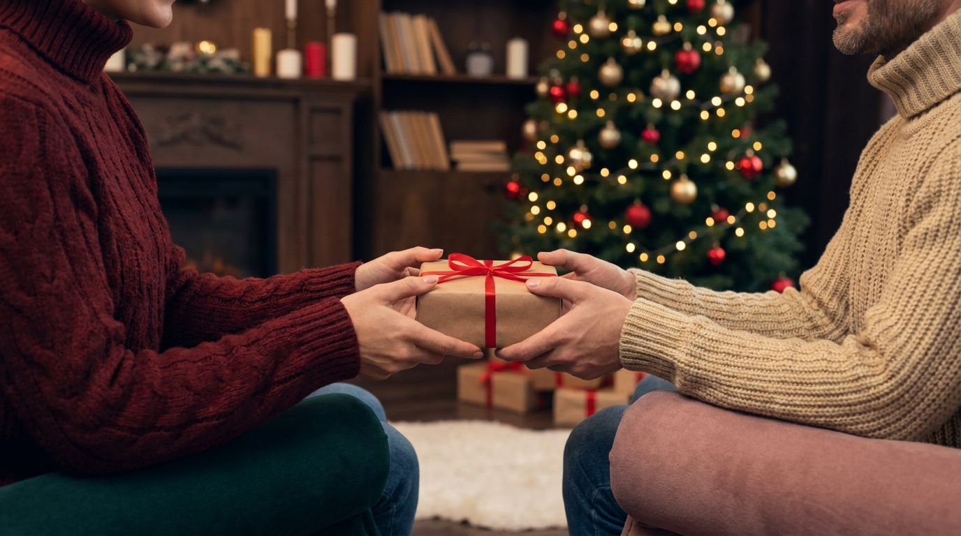 Paar tauscht ein kleines Geschenk vor dem Weihnachtsbaum