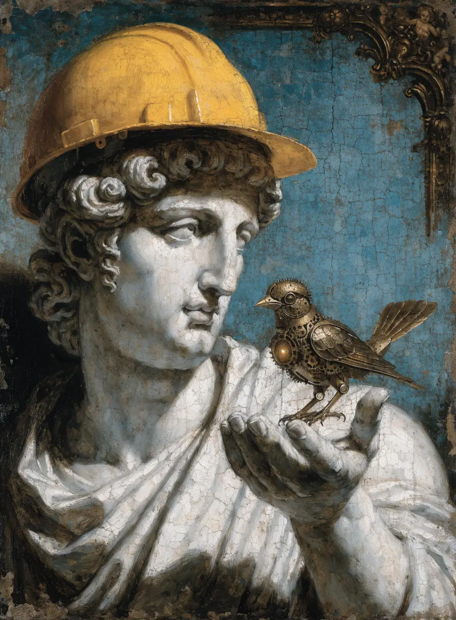 Oil painting of a classical statue in a hard hat holding a golden automaton bird