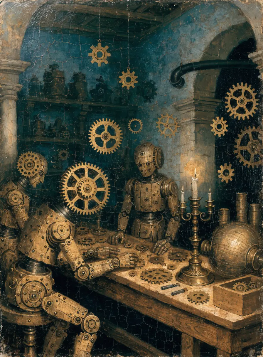 Oil painting of brass automatons at work in a Renaissance workshop
