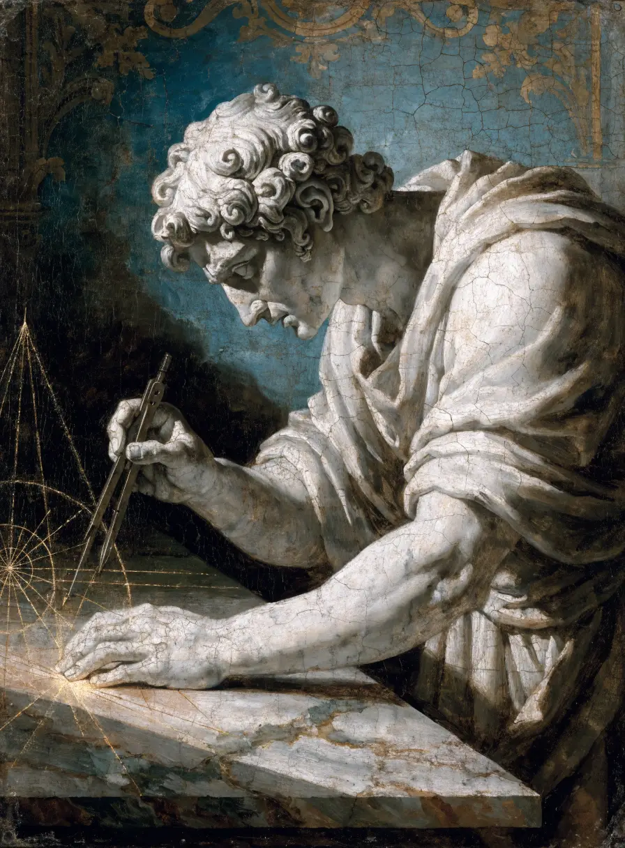 Oil painting of an architect statue drafting golden blueprints