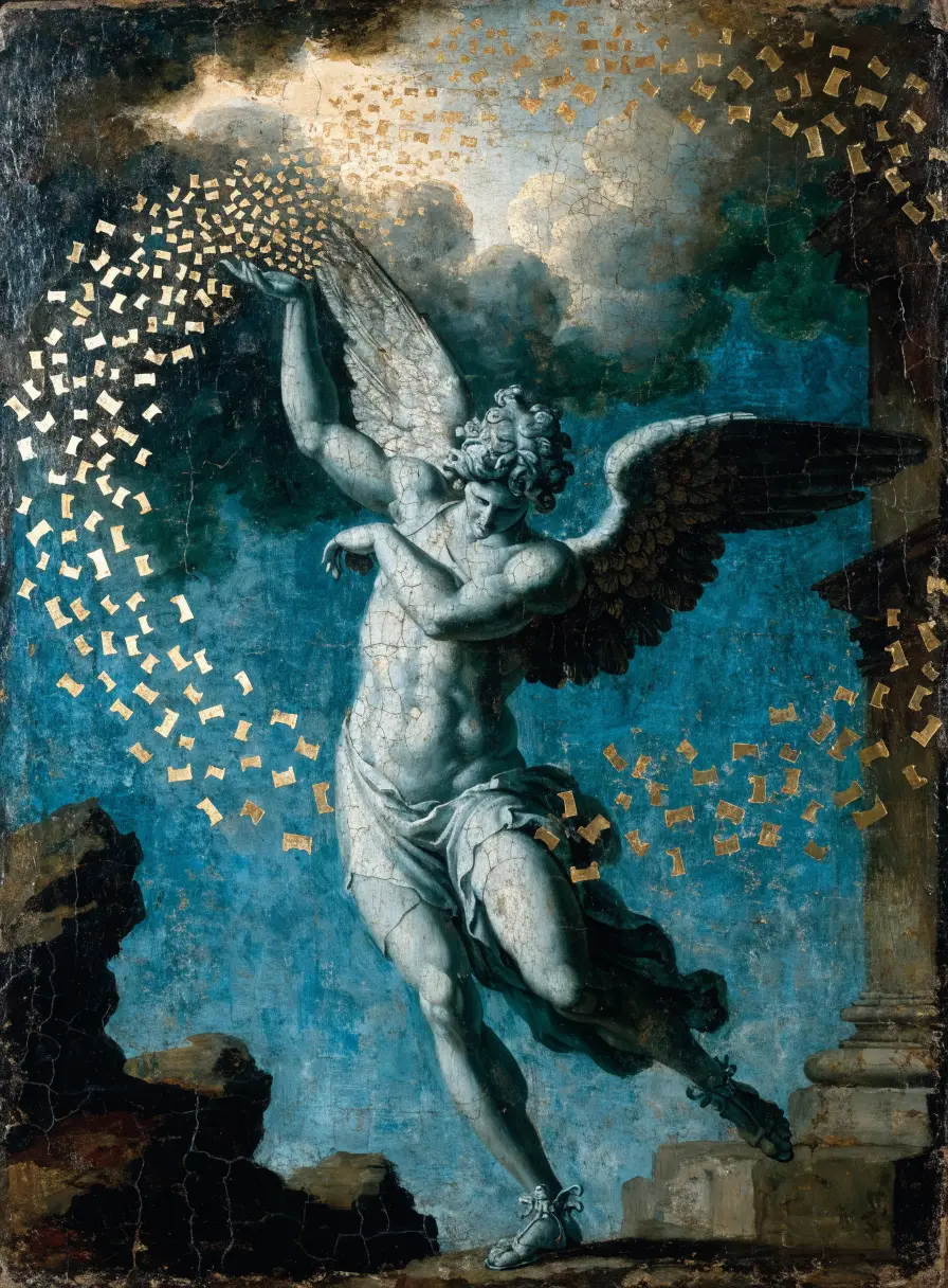 Oil painting of Hermes releasing a flight of golden letters