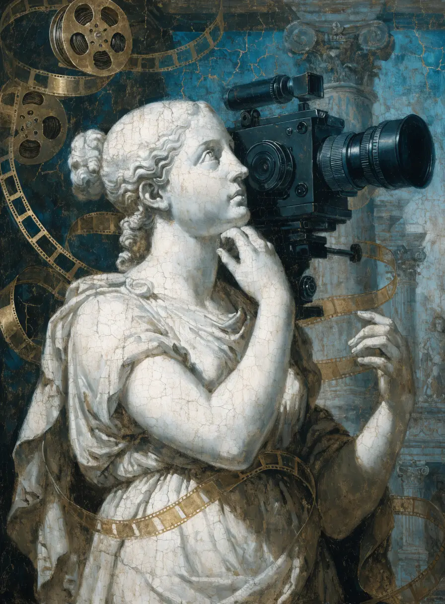 Oil painting of a muse statue operating a cinema camera