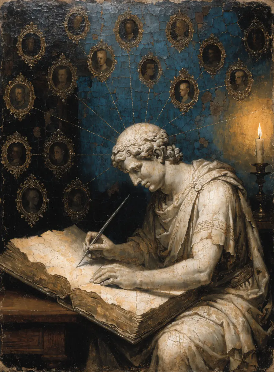 Oil painting of a scribe statue keeping a ledger threaded with gold