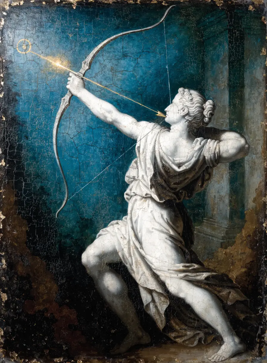Oil painting of an archer statue loosing a golden arrow at a glowing target