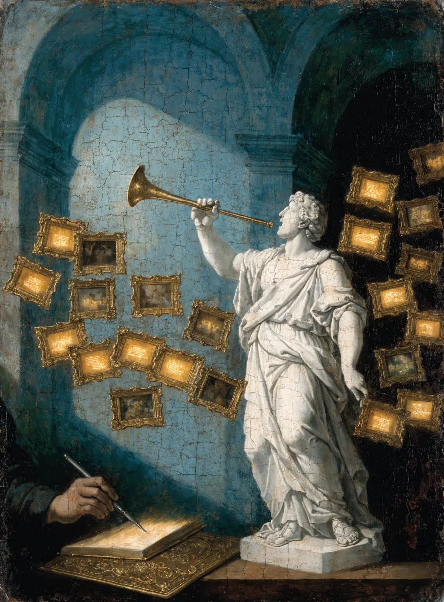Oil painting of a herald statue with a golden trumpet surrounded by glowing reply frames