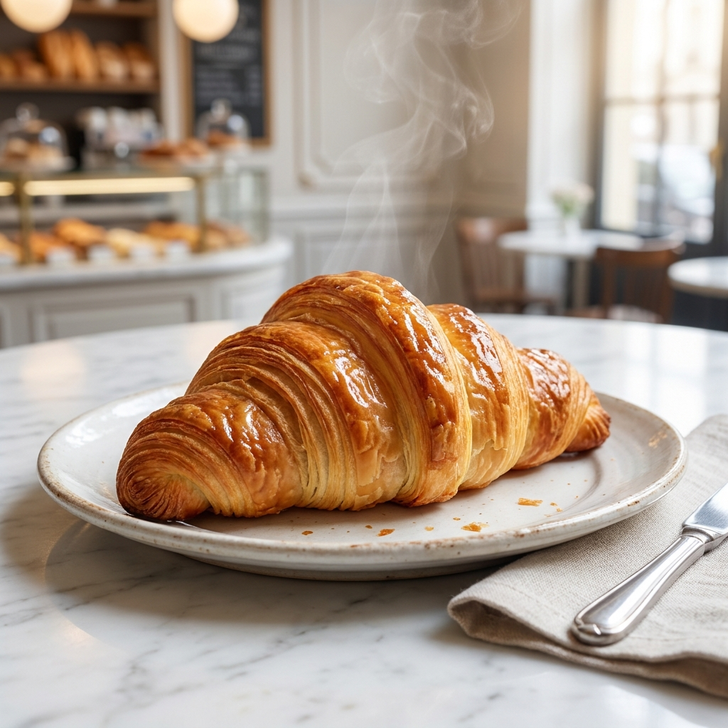 Croissants franceses recién horneados con color caoba dorado y capas hojaldradas visibles