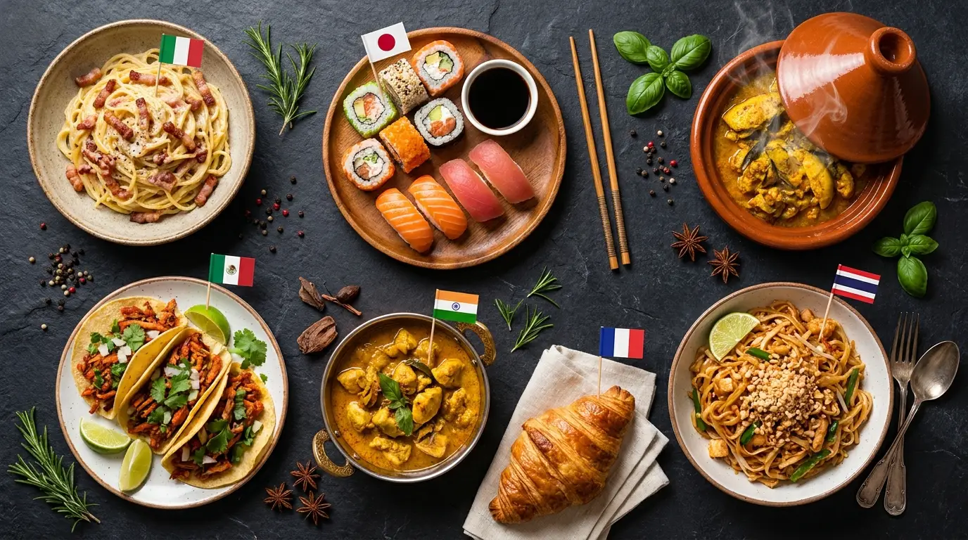 Festín de cocinas del mundo: pasta italiana, sushi japonés, tacos mexicanos, curry indio y más