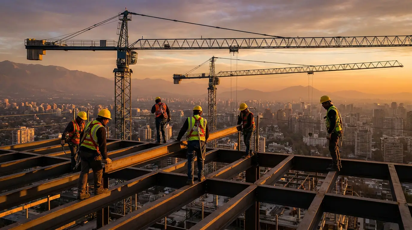 Trabajadores de construcción con cascos en obra chilena