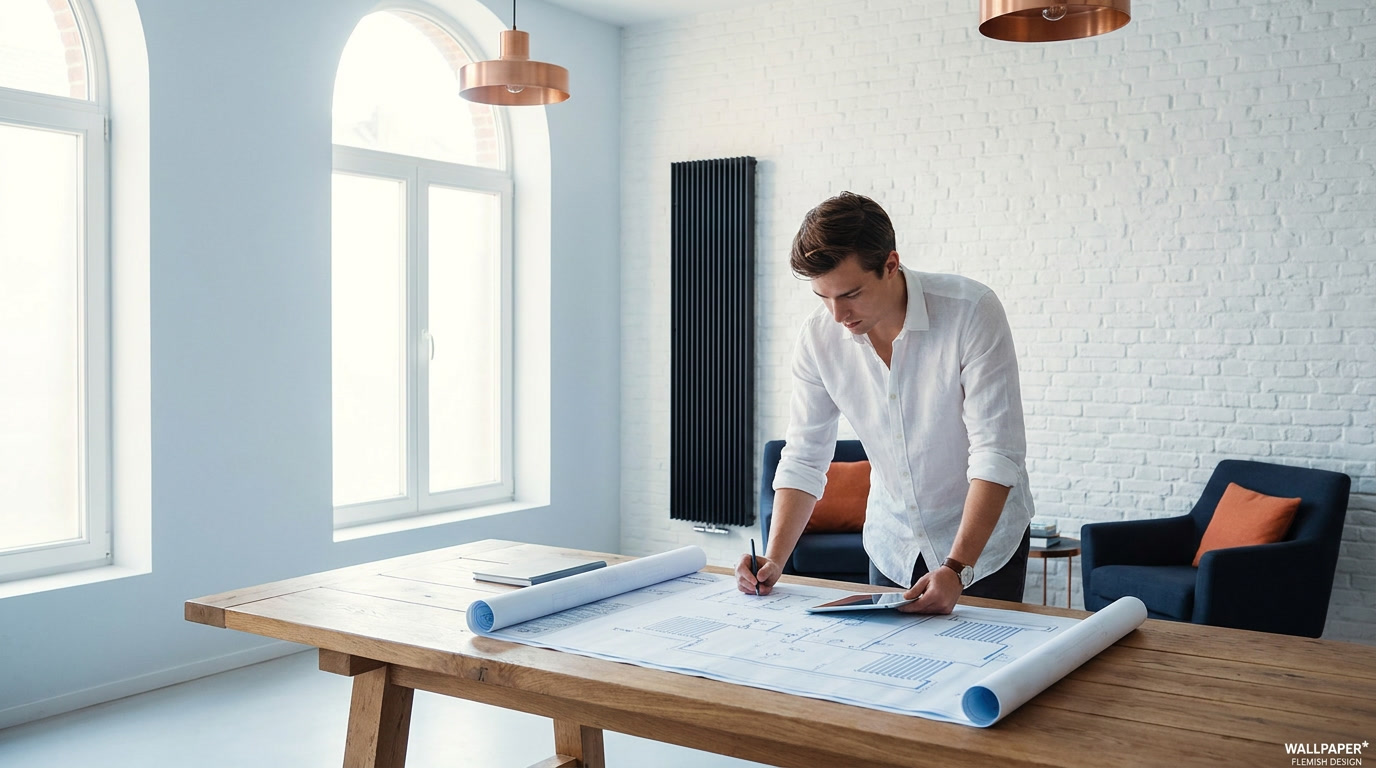 Vlaamse architect aan bureau met DRL designradiator op de achtergrond