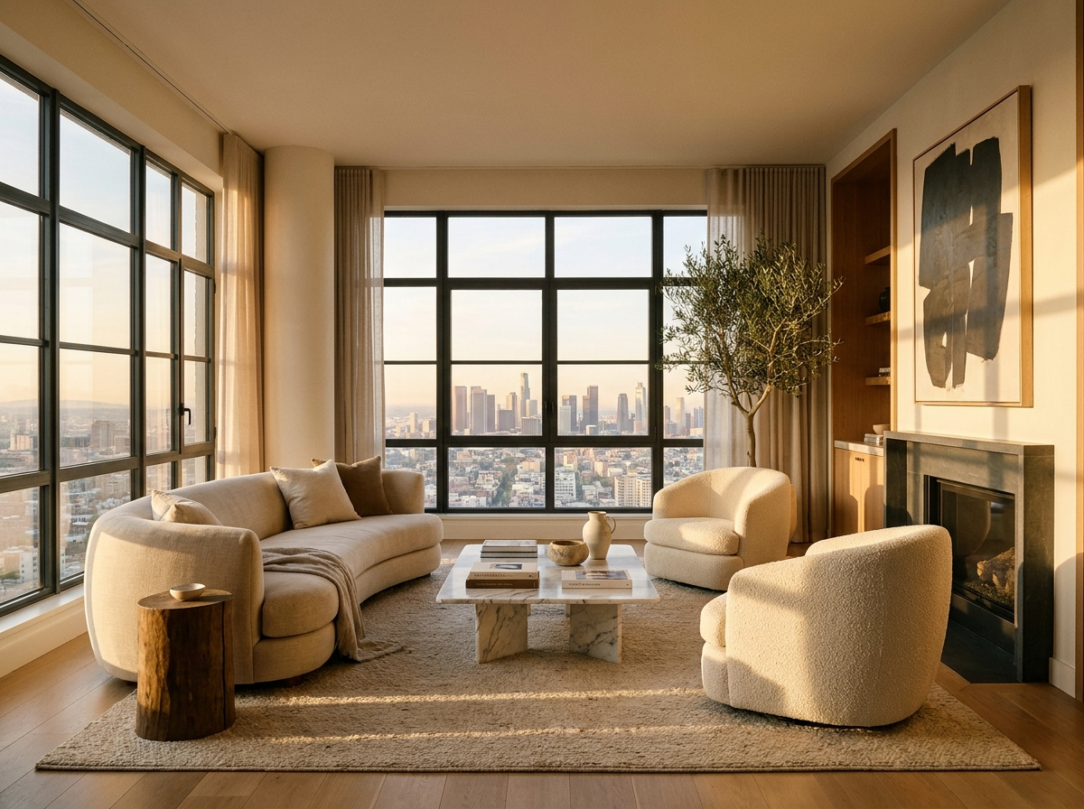 A beautifully styled sunlit modern apartment living room