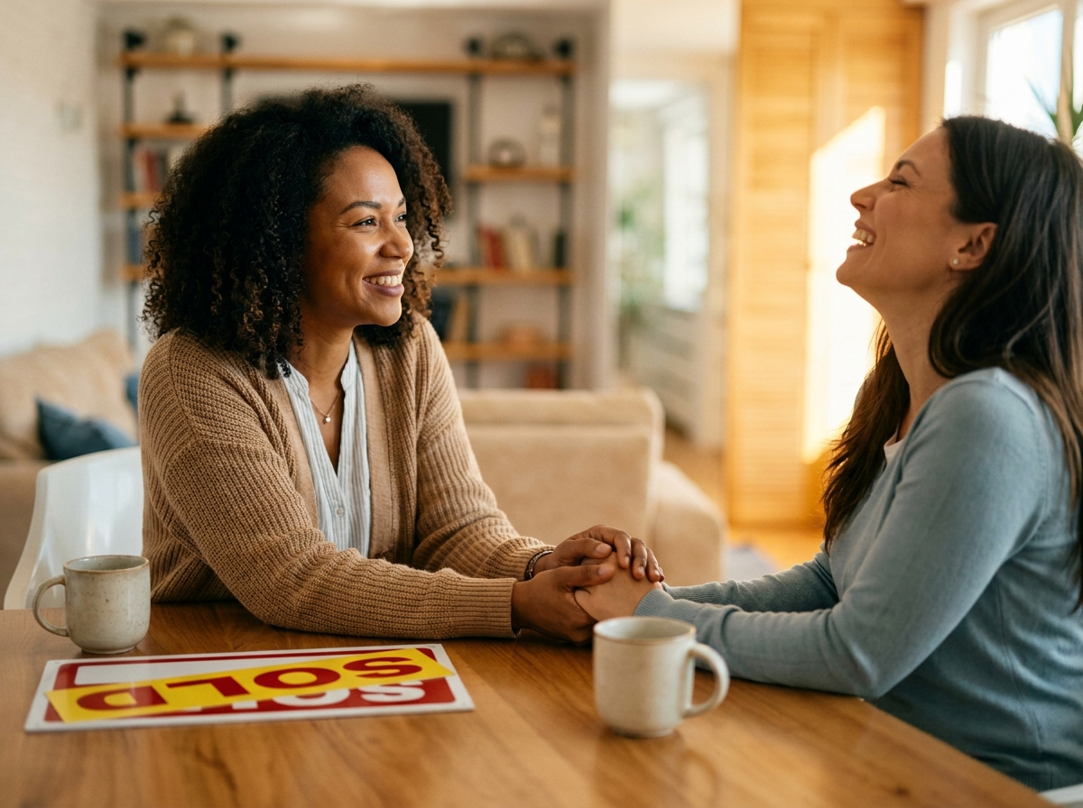 A warm reassuring conversation between an agent and a relieved client