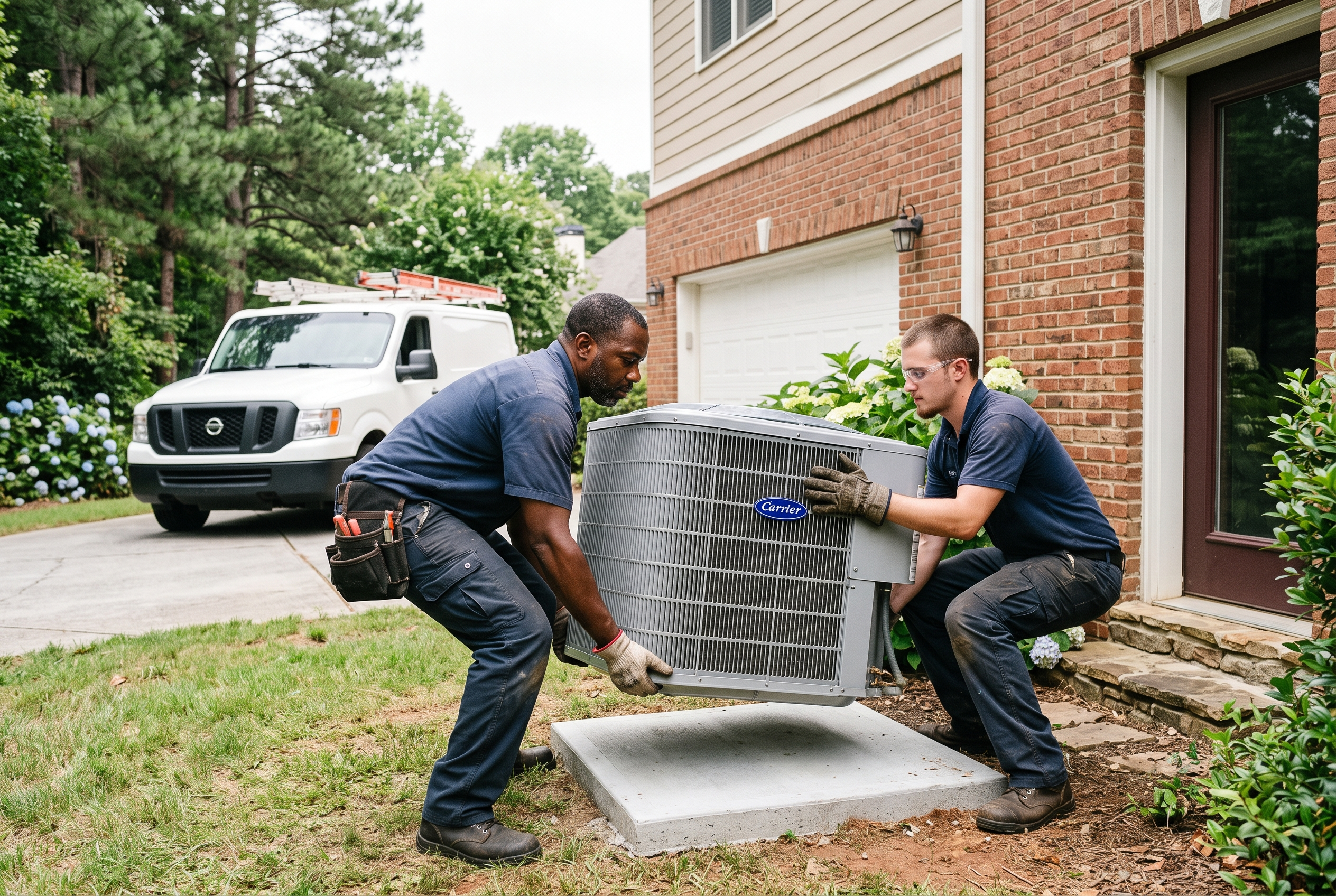 Two H&A technicians setting a new condenser unit beside an Atlanta home