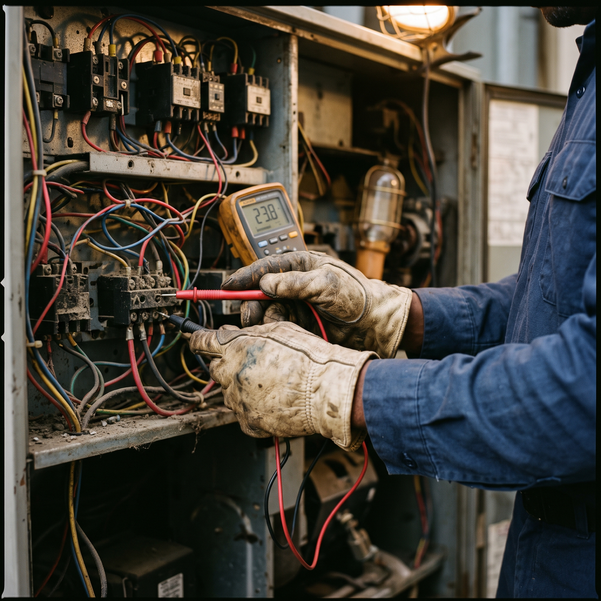 H&A technician testing HVAC control wiring with a digital multimeter