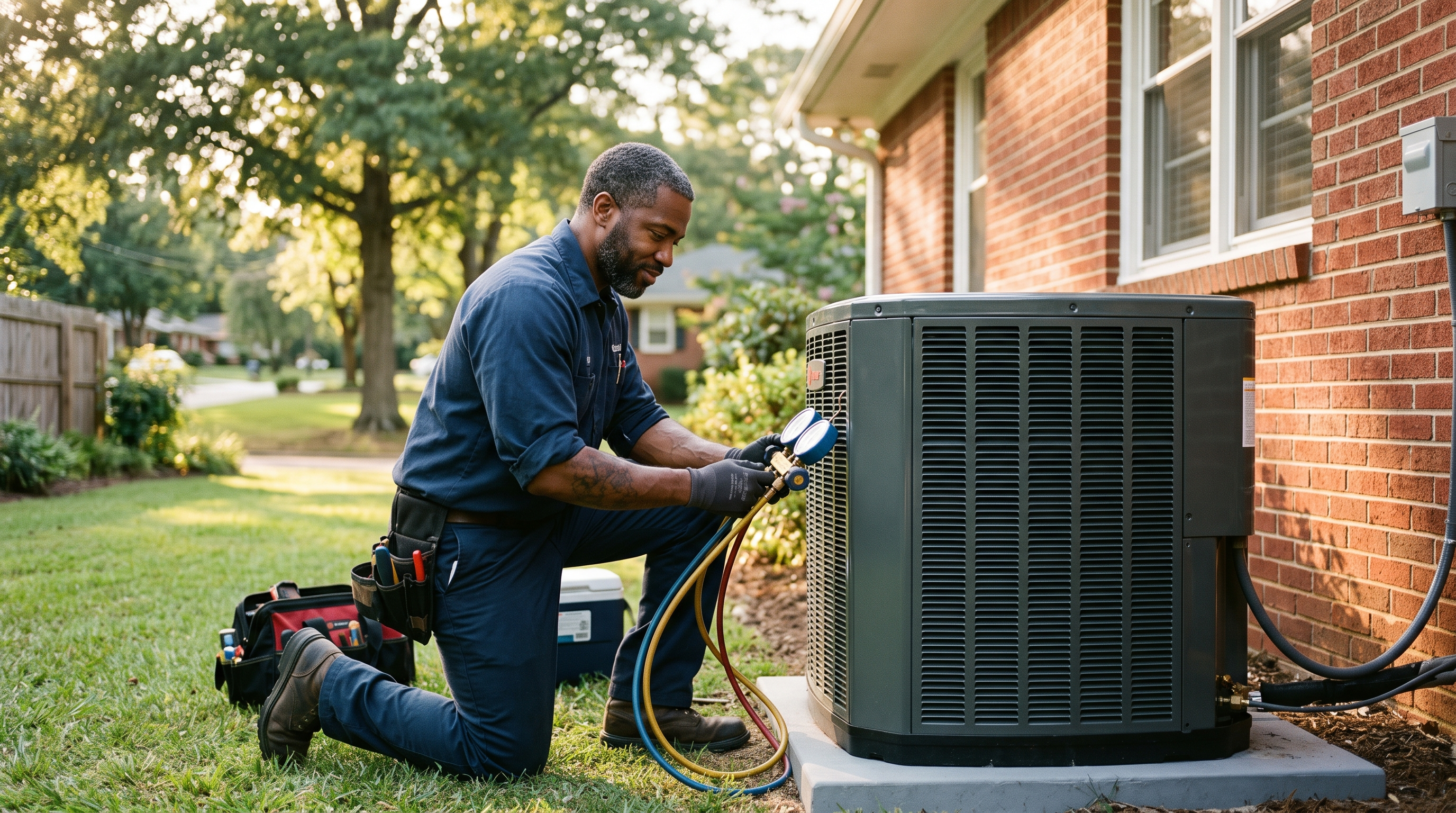 H&A Mechanical technician checking gauges on a newly installed AC condenser at an Atlanta home