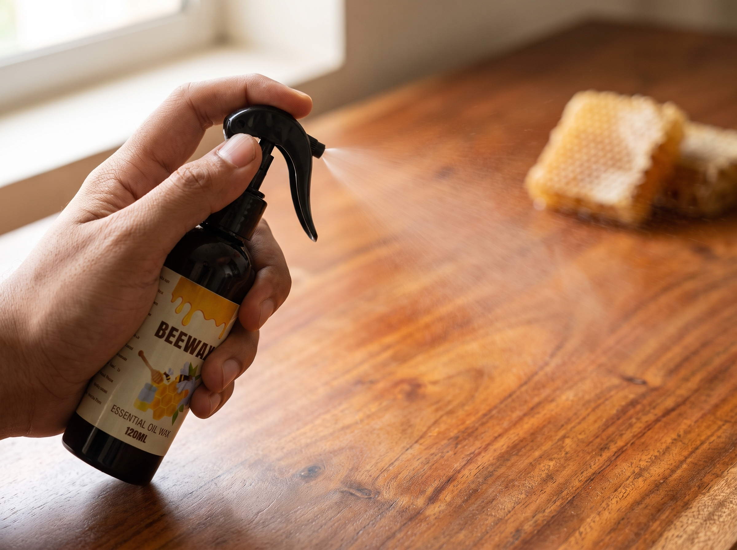 Spraying a light mist onto a wooden surface