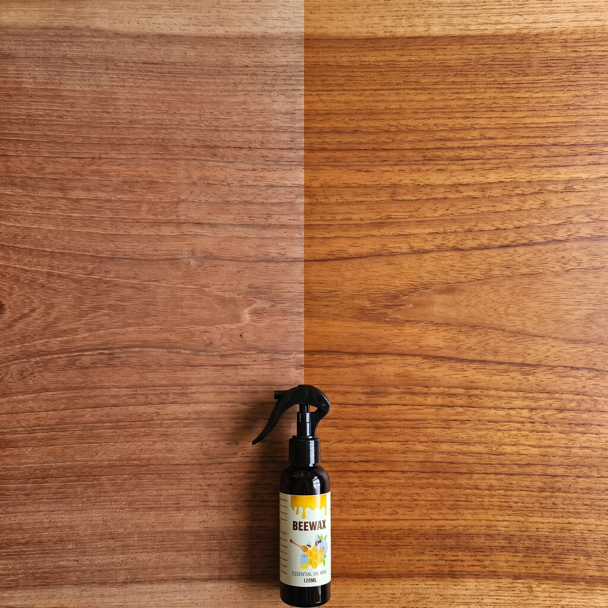 Dull, dry wood on one side and rich, restored wood on the other after treatment