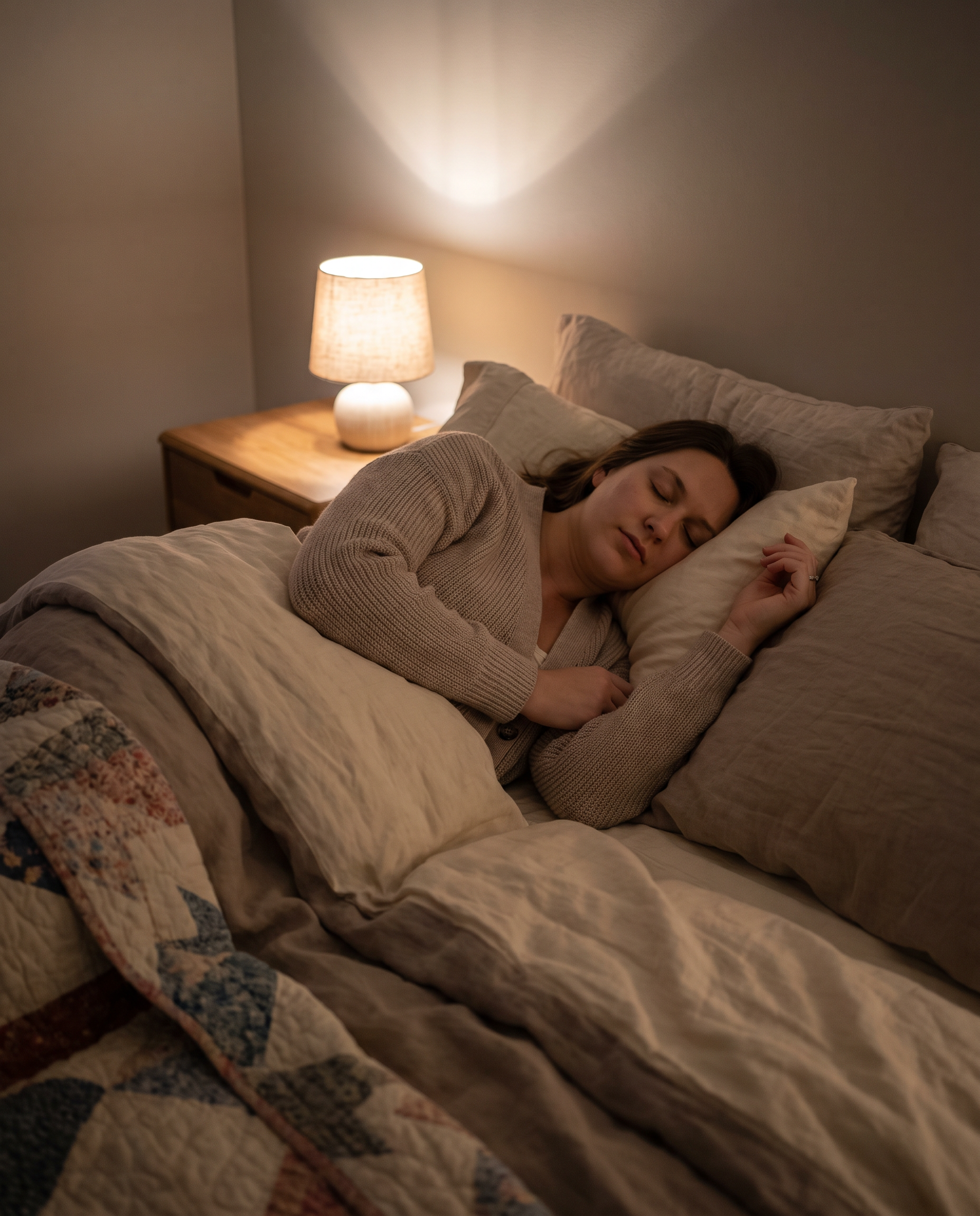 Pregnant woman sleeping on her side at night, warm light
