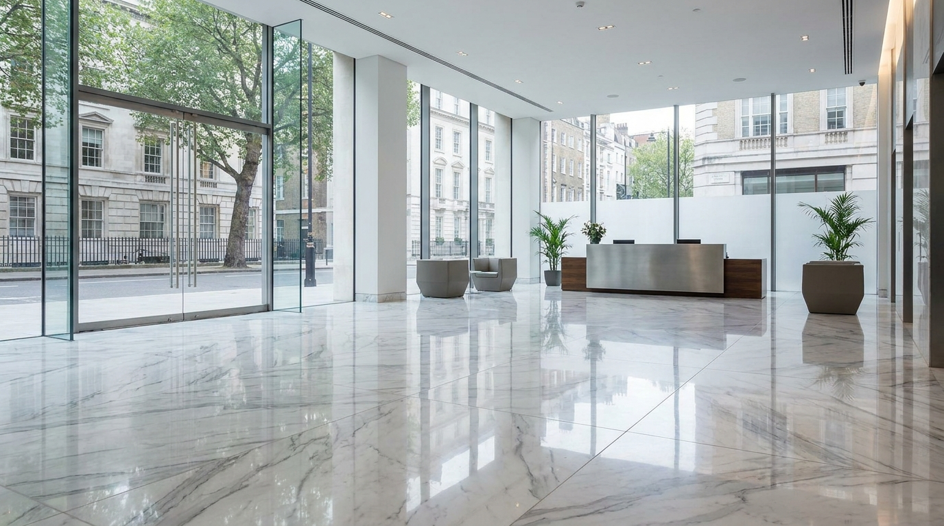 Mirror-polished marble reception floor in a London corporate office lobby restored to a flawless finish by Pristine