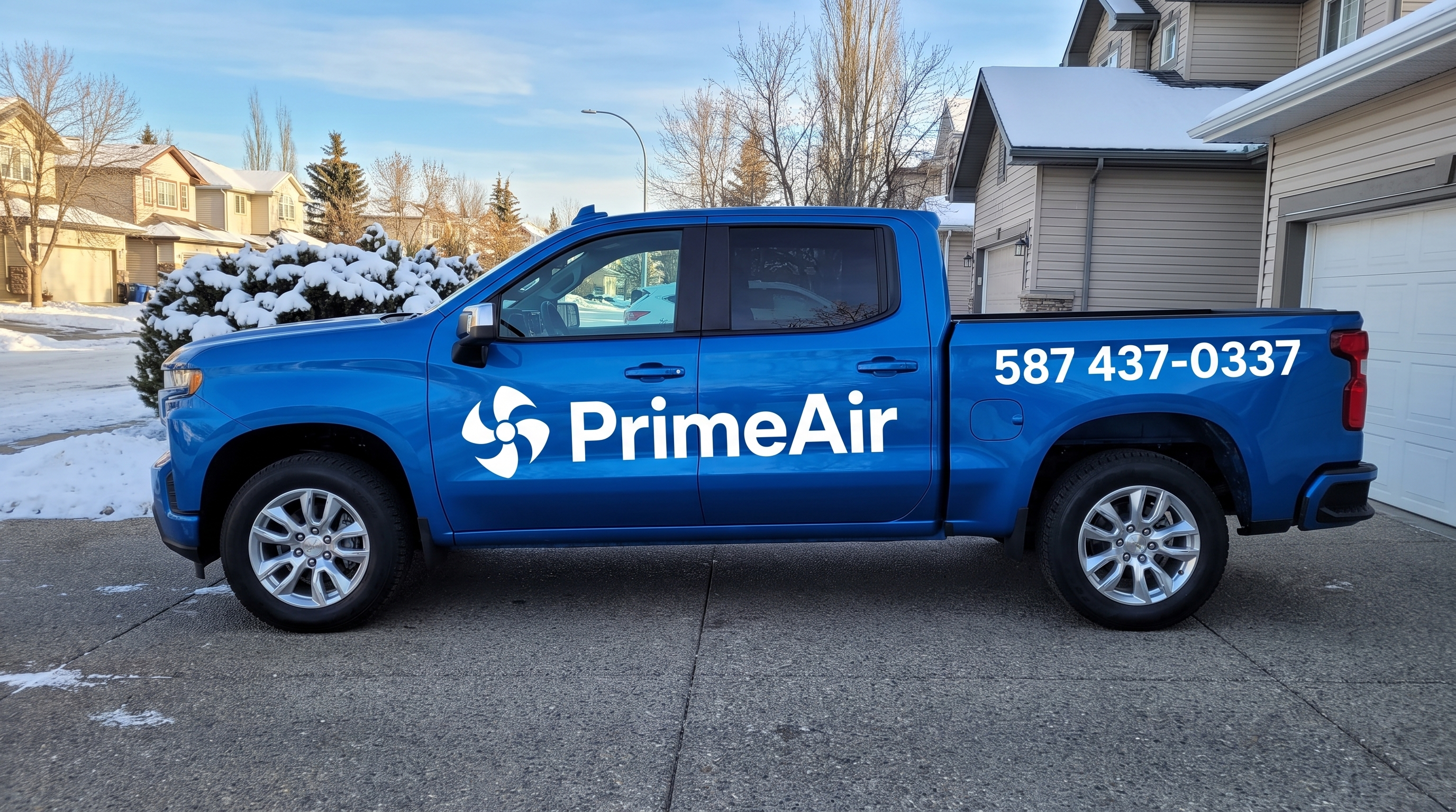Vehicle, driver side: The highest value surface Prime Air owns. White vinyl on the factory blue, mark and wordmark on the door, number on the bed.