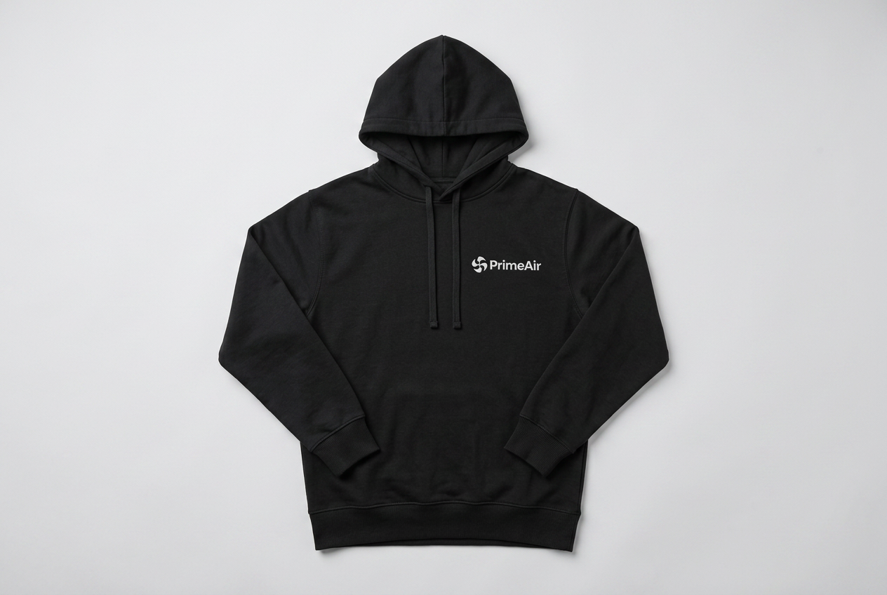 Uniform, Hoodie: Black midweight hoodie, mark and wordmark embroidered in white on the left chest.