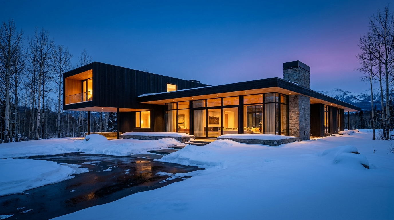 A modern Calgary home at winter blue hour, every window warm