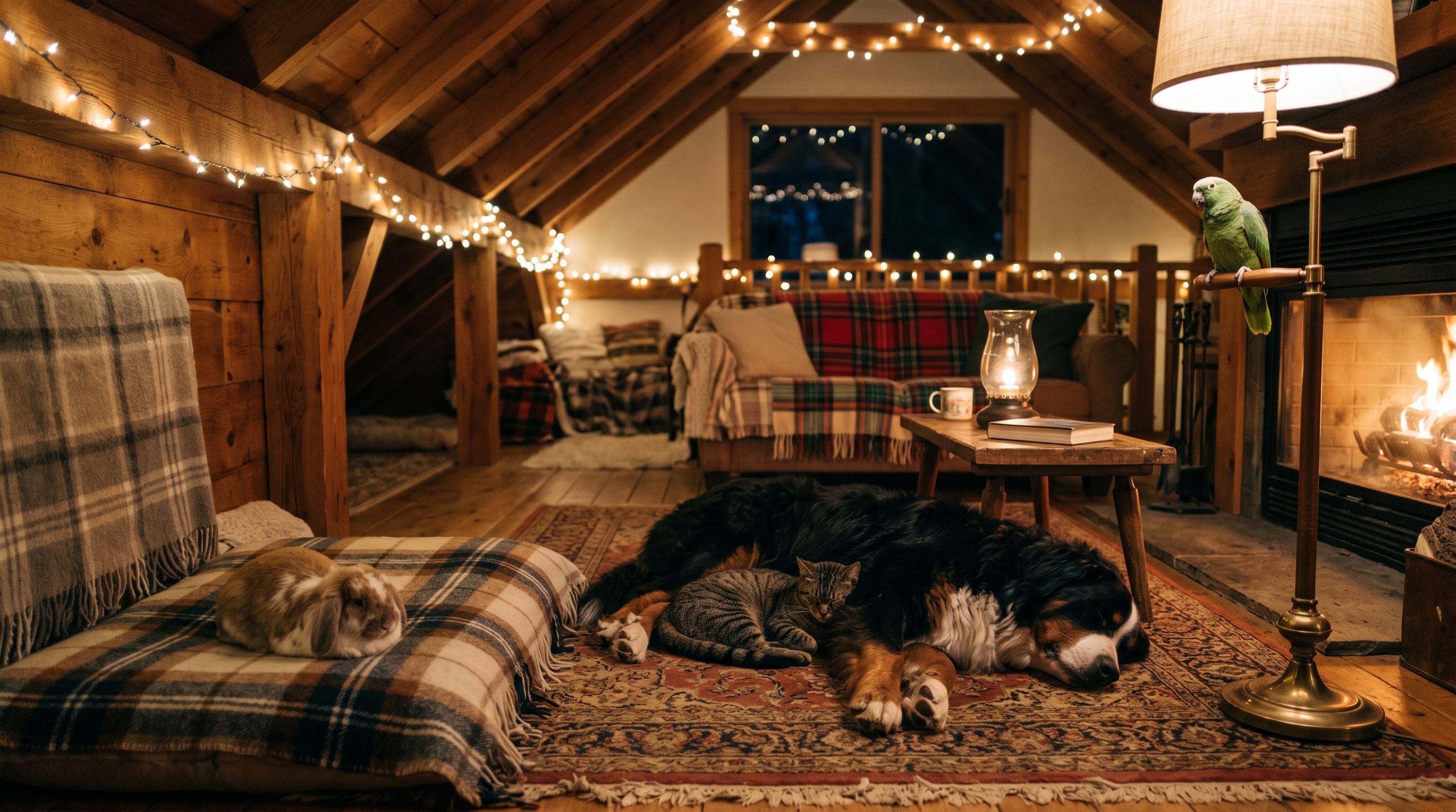 Dogs, cats, a rabbit and a parrot together in a cozy home