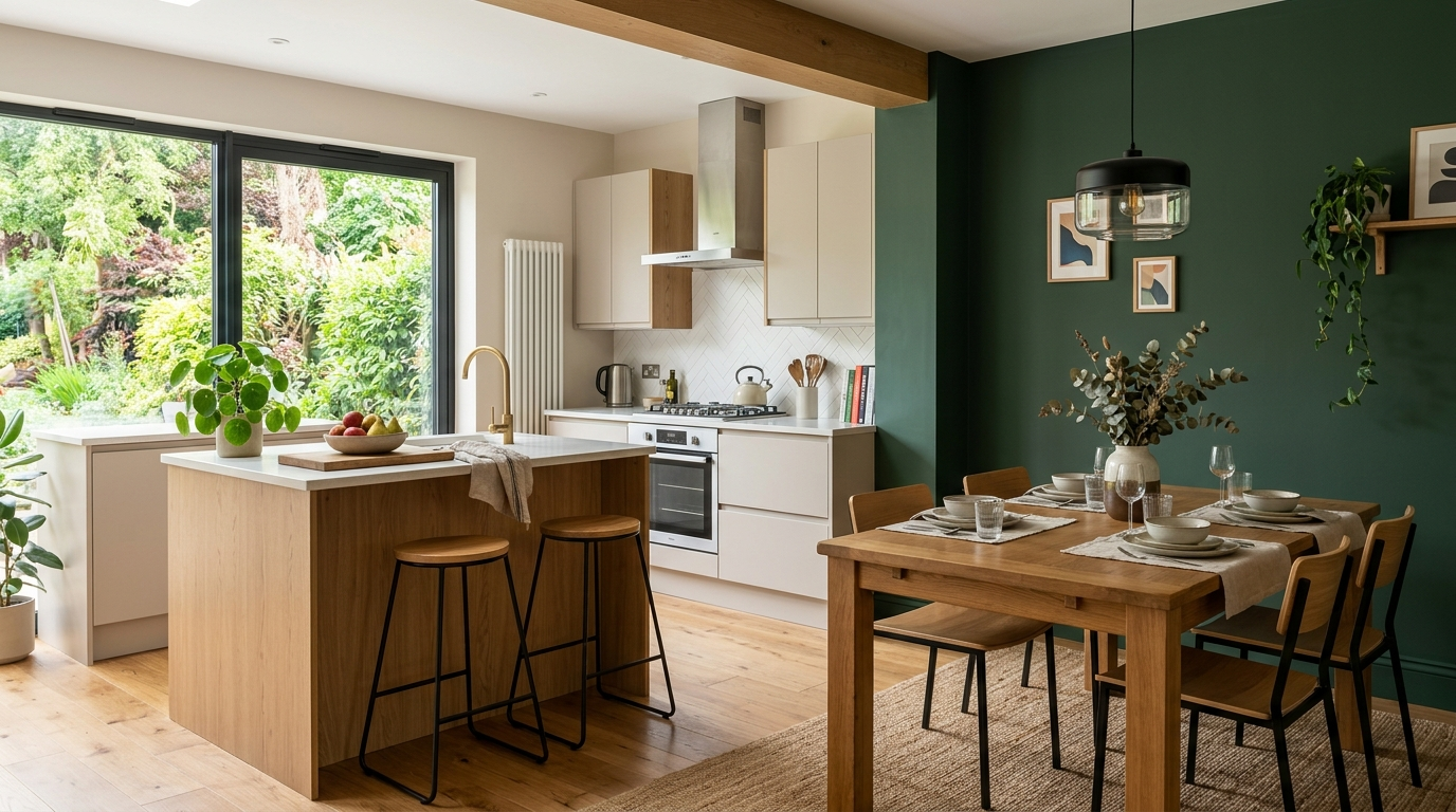 bucatarie cu perete de accent verde inchis in zona de dining