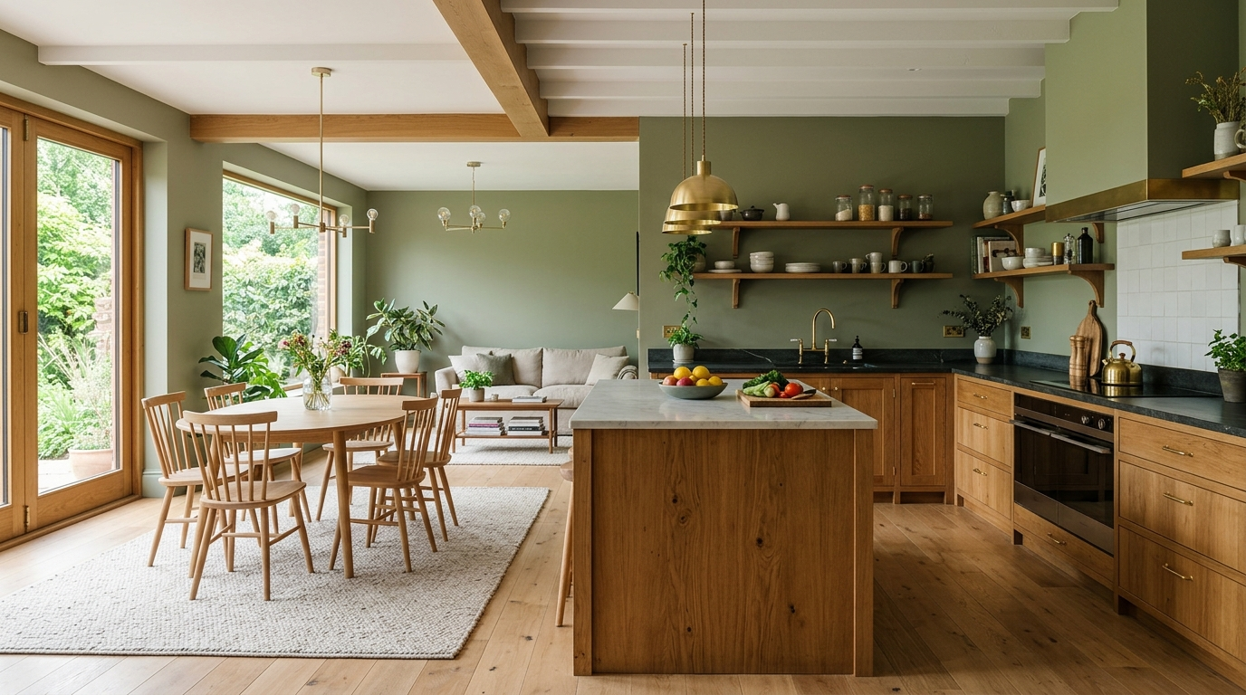 bucatarie deschisa cu perete verde masliniu Muted Olive