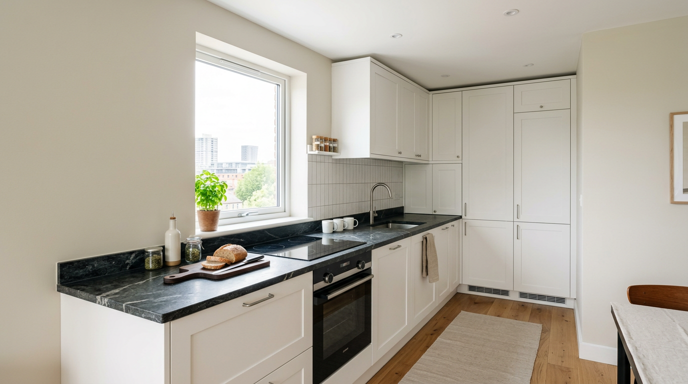 bucatarie mica de apartament cu pereti neutri deschisi si tavan alb