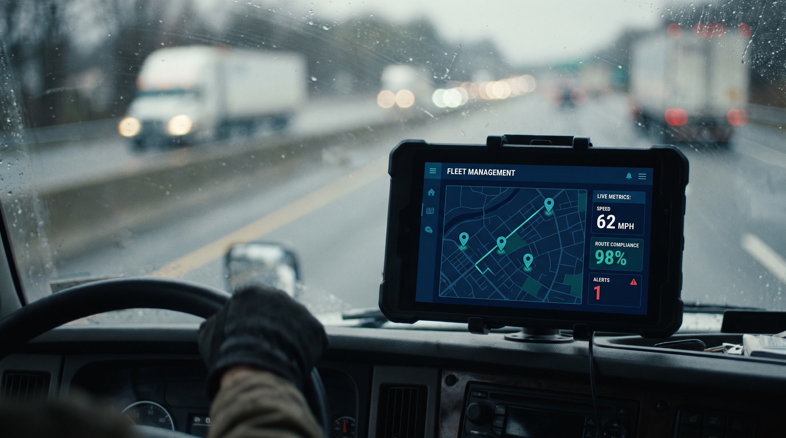 Dashboard de gestión de flota en tablet dentro de camión