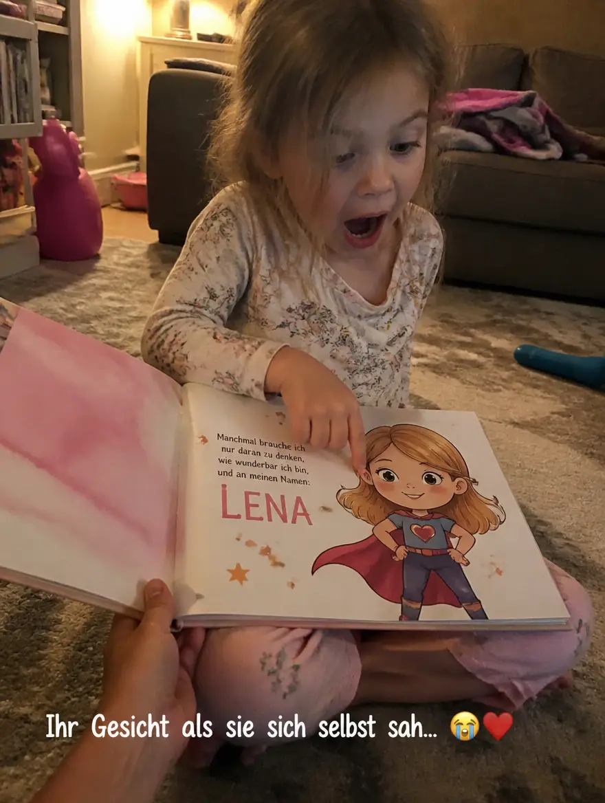 Kind entdeckt seinen Namen im personalisierten Buch