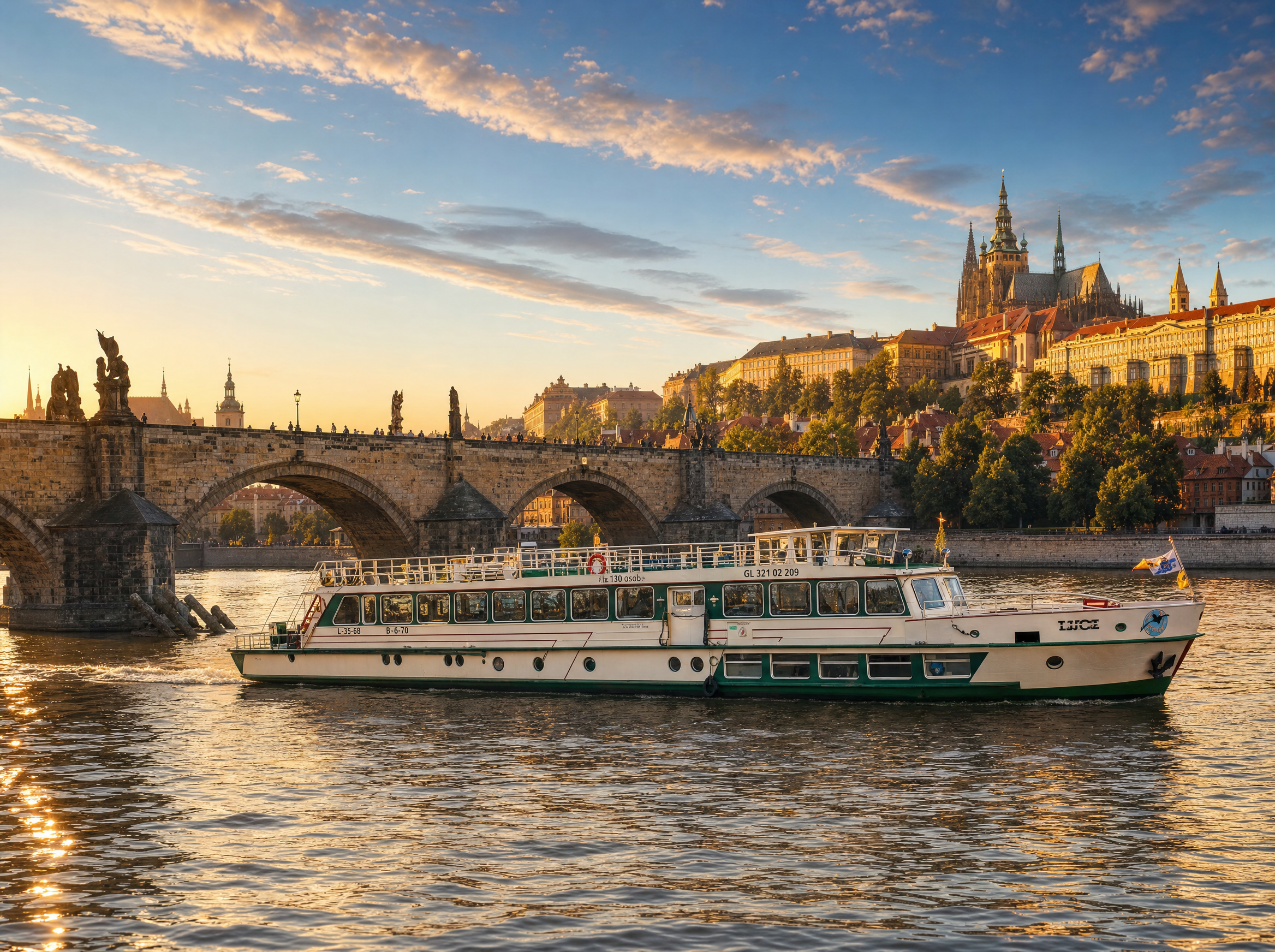 Ausflugsschiff auf der Moldau in Prag mit Karlsbrücke und Prager Burg im goldenen Licht