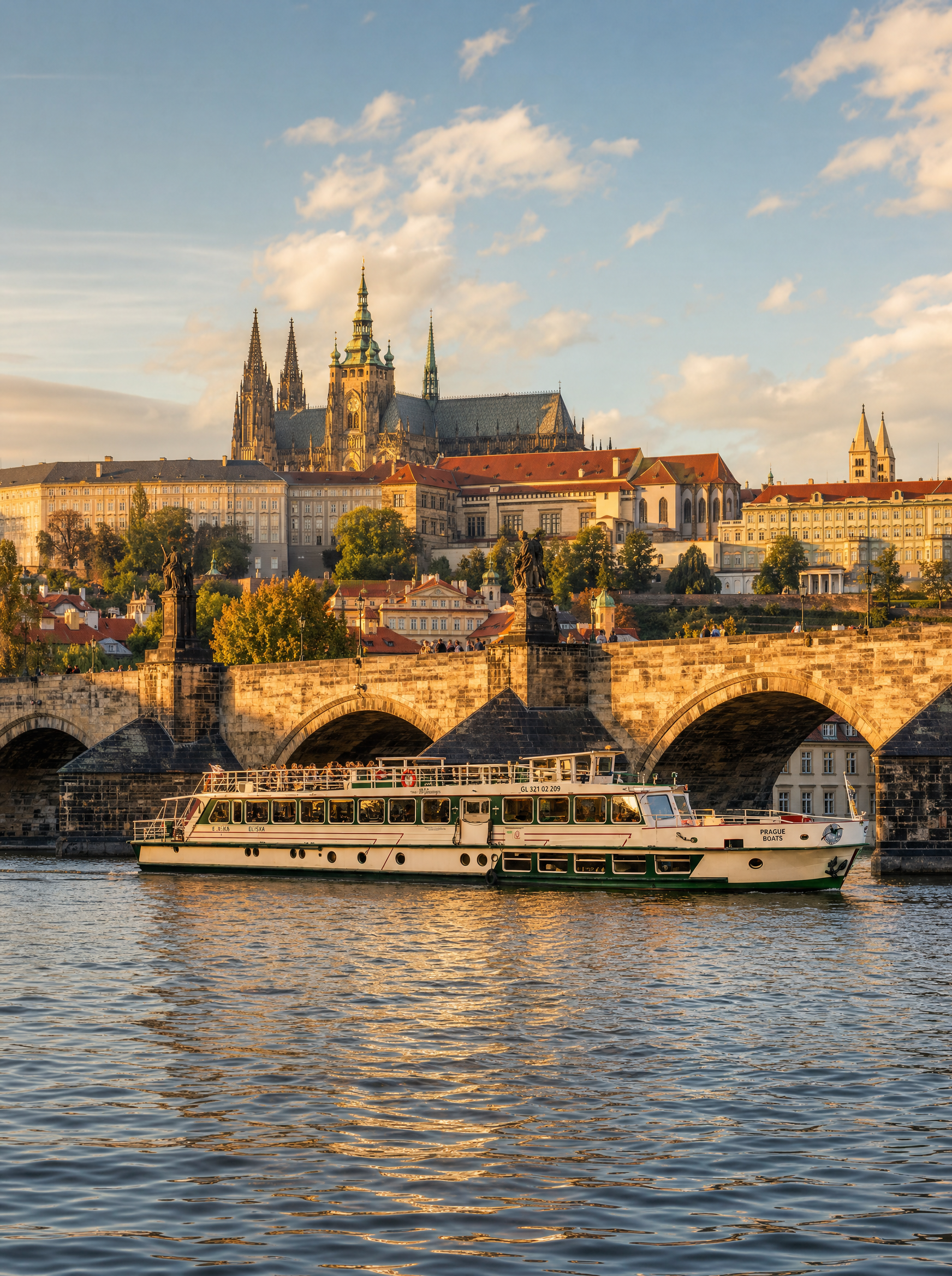 Schiff fährt an der Karlsbrücke vorbei mit der Prager Burg im Hintergrund
