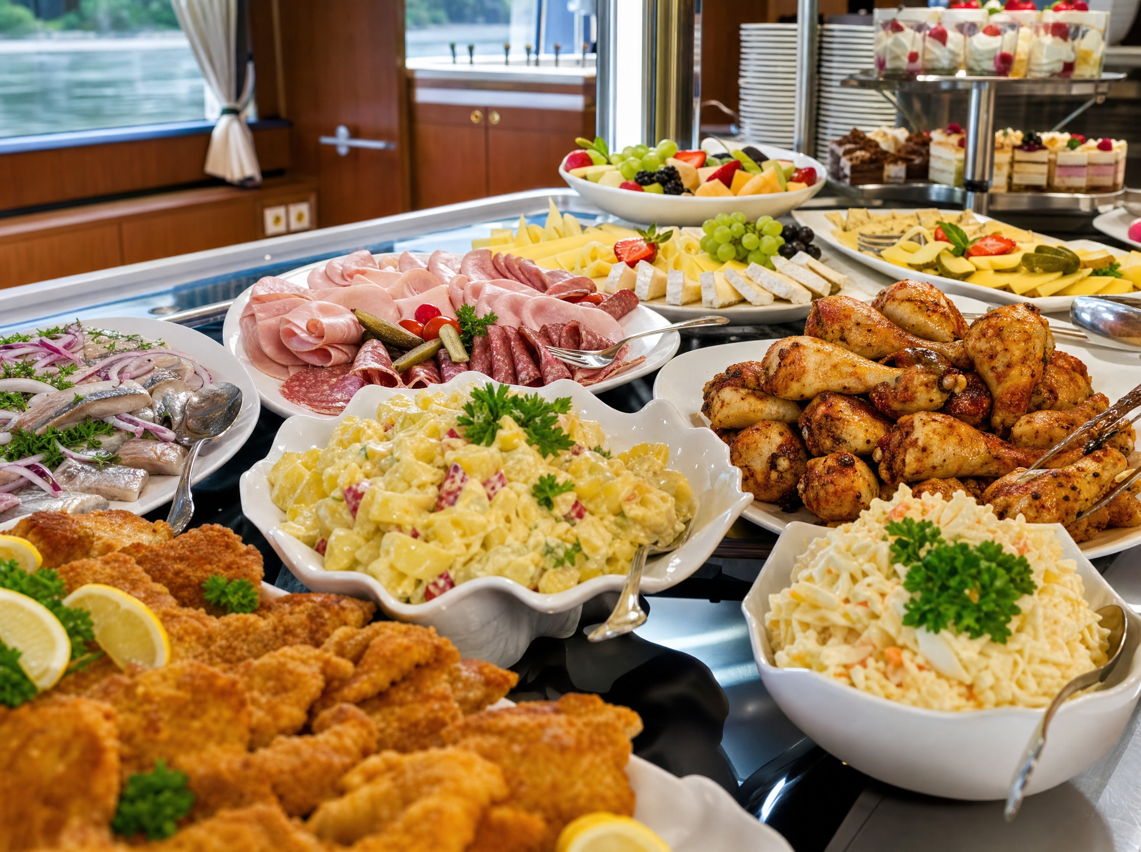 Reichhaltiges Buffet an Bord – Schnitzel, Hähnchenschenkel, Salate, Käse und Desserts