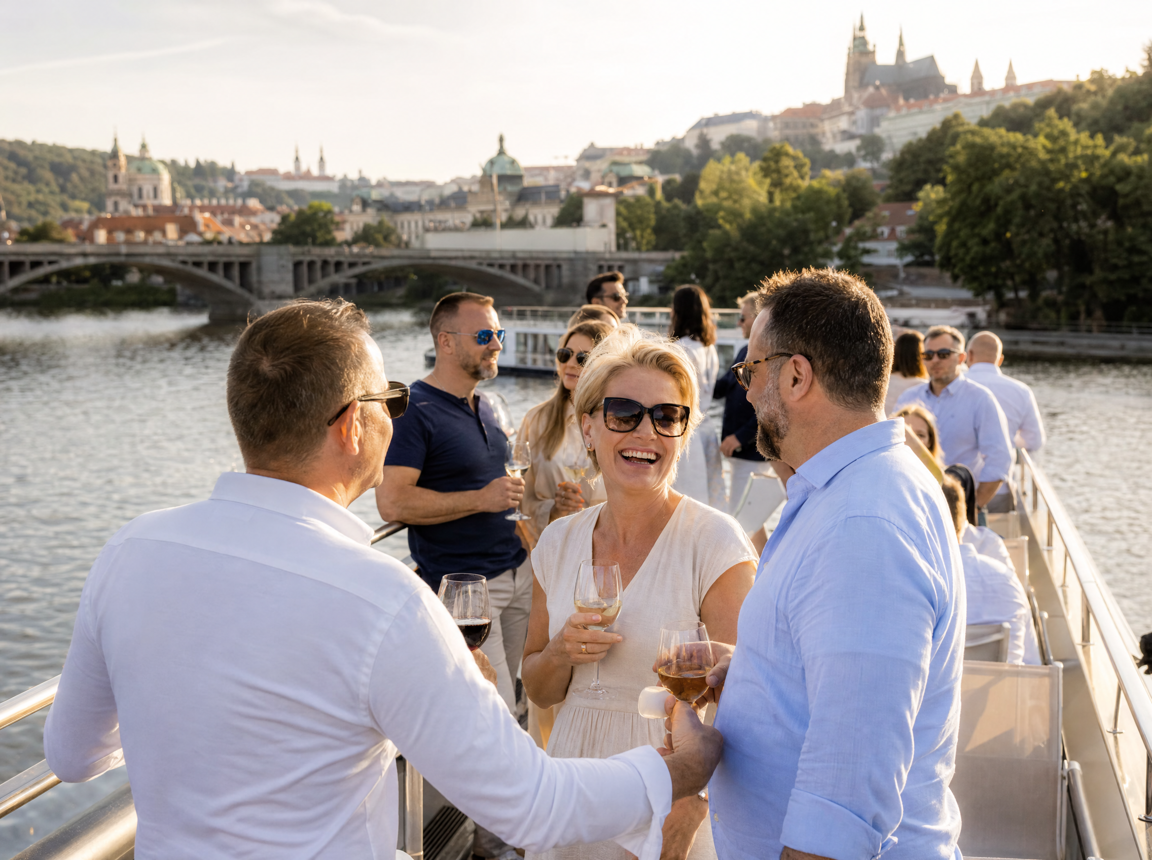 Zufriedene Gruppe von Erwachsenen stößt an Bord des Schiffes mit dem Panorama von Prag an