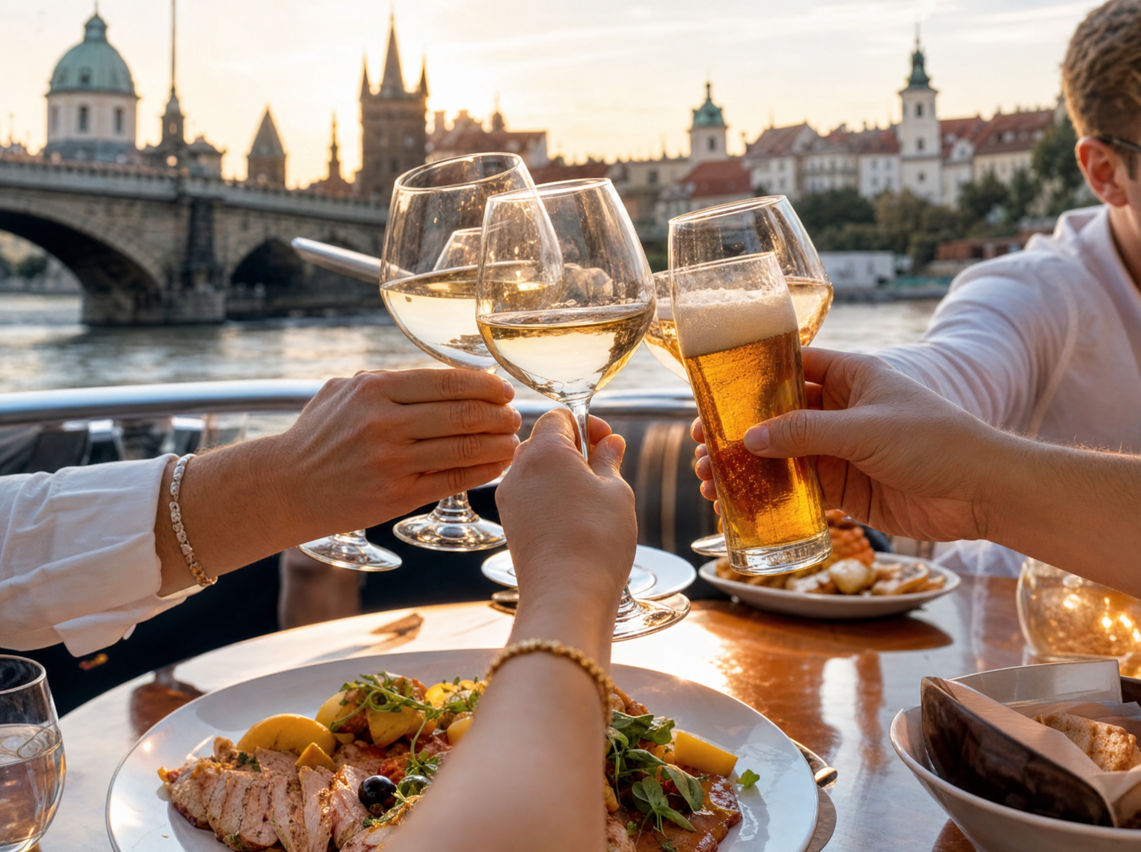 Anstoßen mit Wein und Bier über einem Teller mit Speisen bei Sonnenuntergang in Prag
