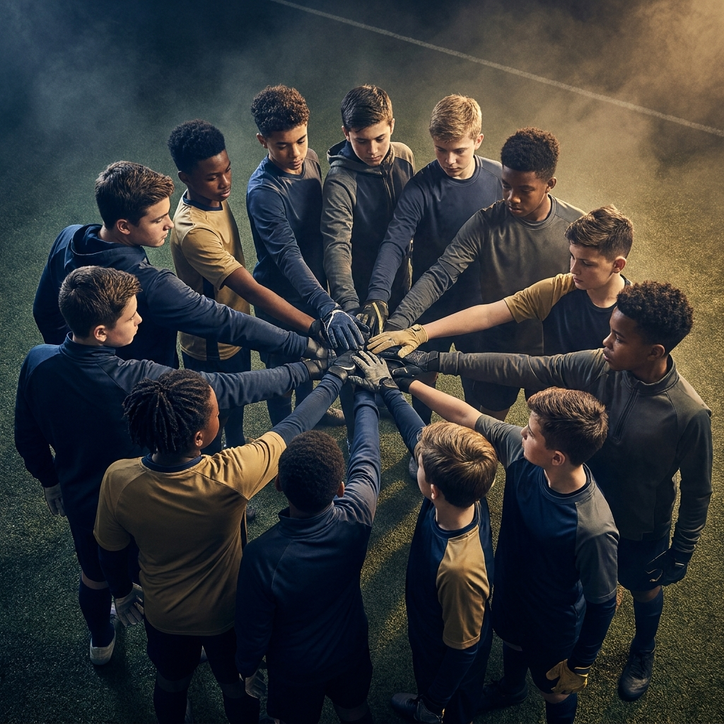 Youth sports team huddle, hands stacked together