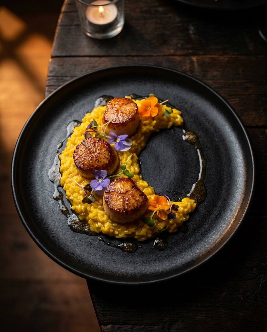 Vieiras al sartén con risotto de azafrán
