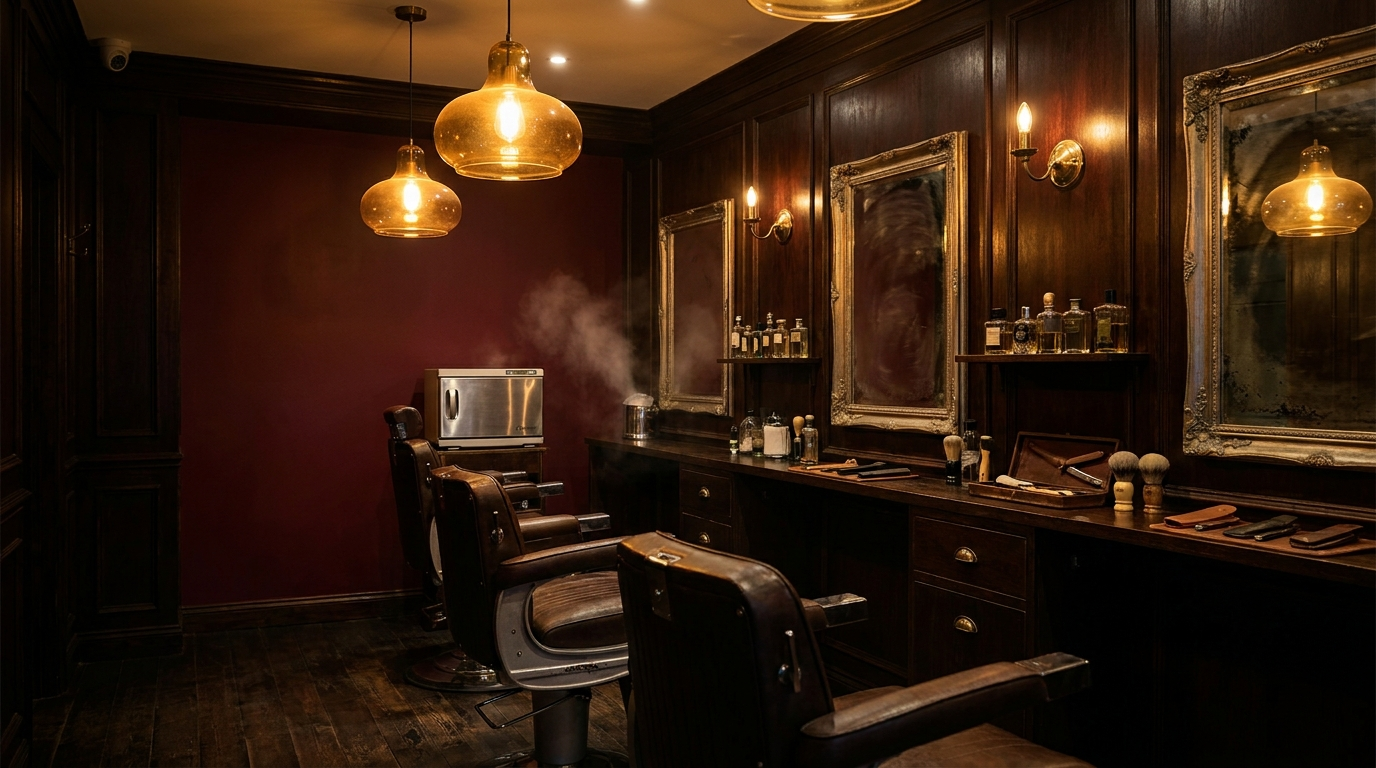 Interior de EL CORTE — silla de barbero, mahogany, brass