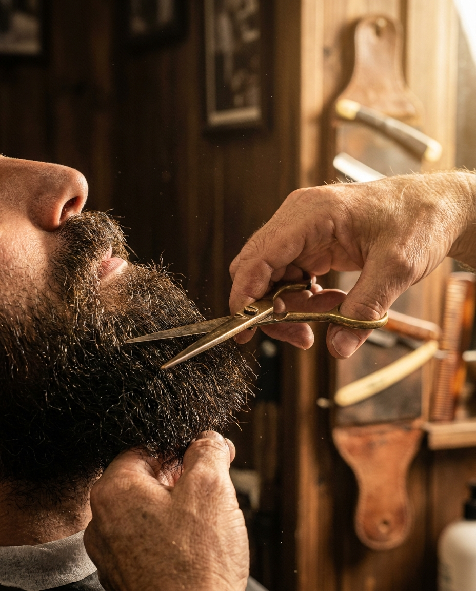 Barbero profesional perfilando barba con tijera