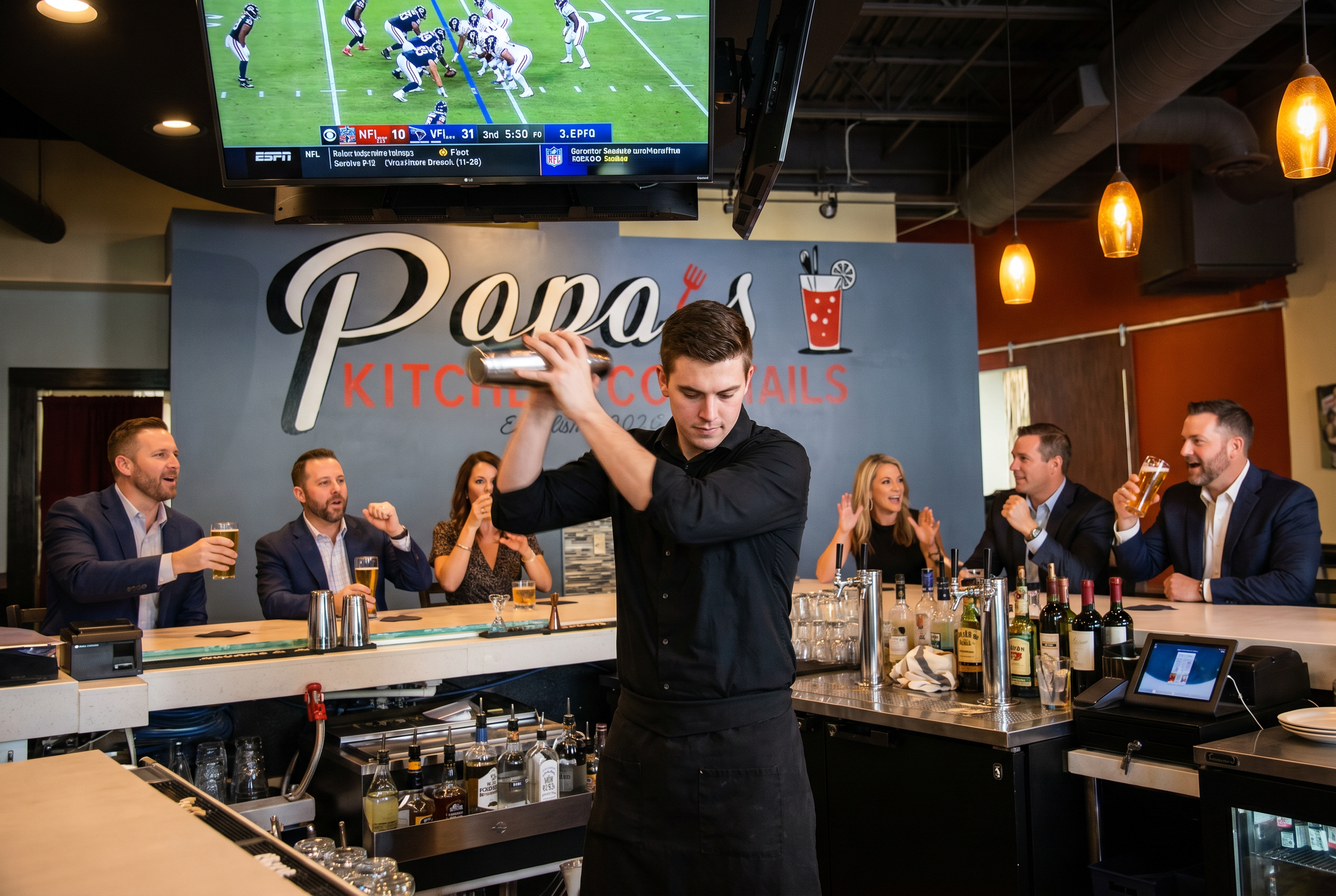 Bartender in black mid-cocktail-shake behind the Papa's Kitchen + Cocktails bar with NFL game on the TV and patrons watching