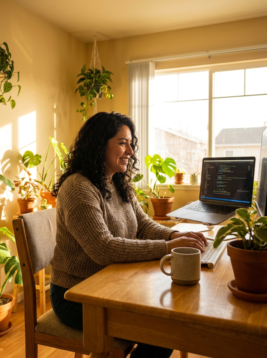 Una persona trabajando con una laptop en un escritorio en casa
