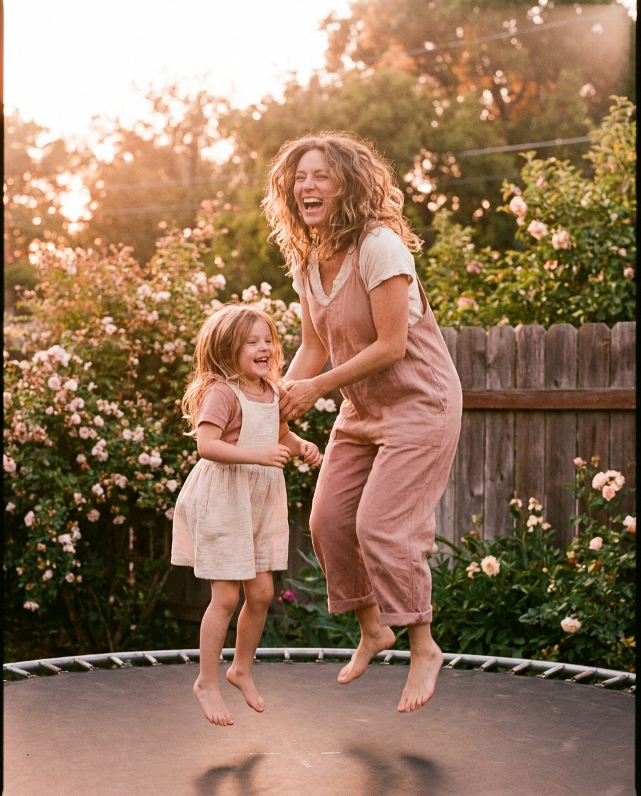Mother and daughter laughing together on a backyard trampoline at golden hour