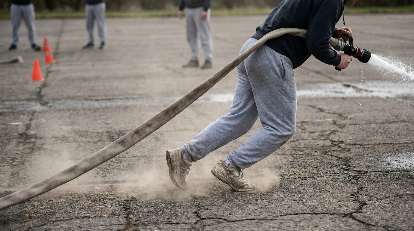 Candidate dragging a heavy fire hose during a physical ability test