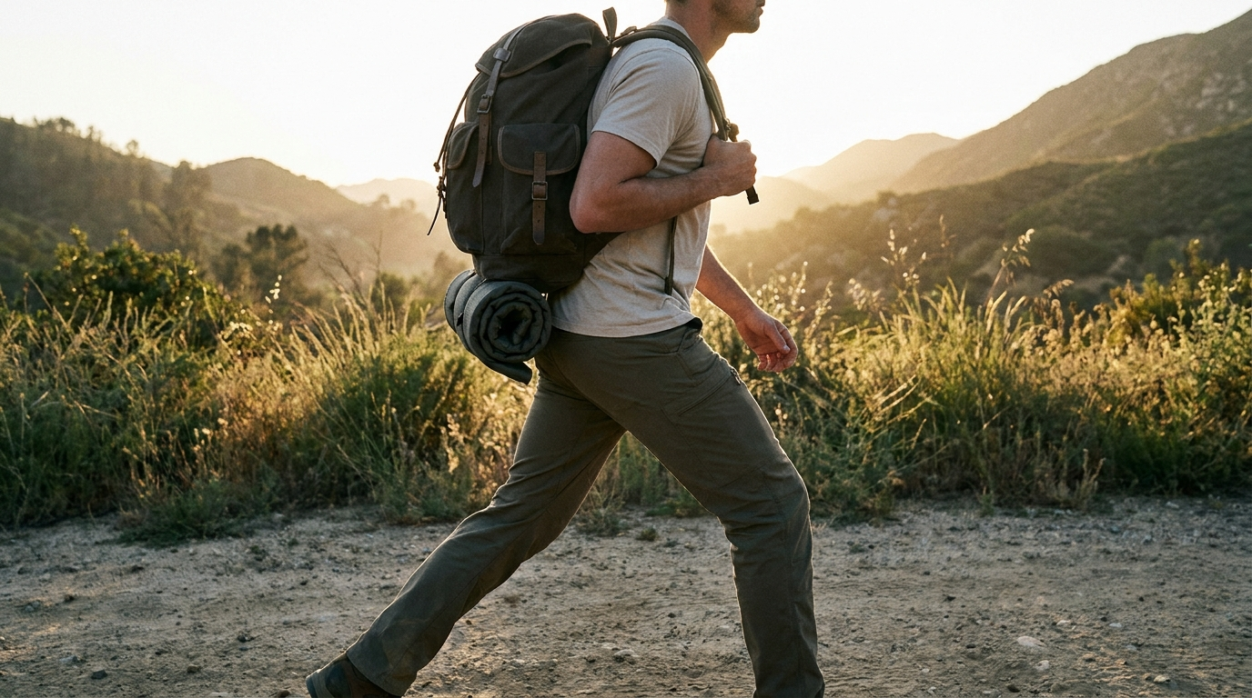 Person rucking on a trail with a loaded backpack at sunrise