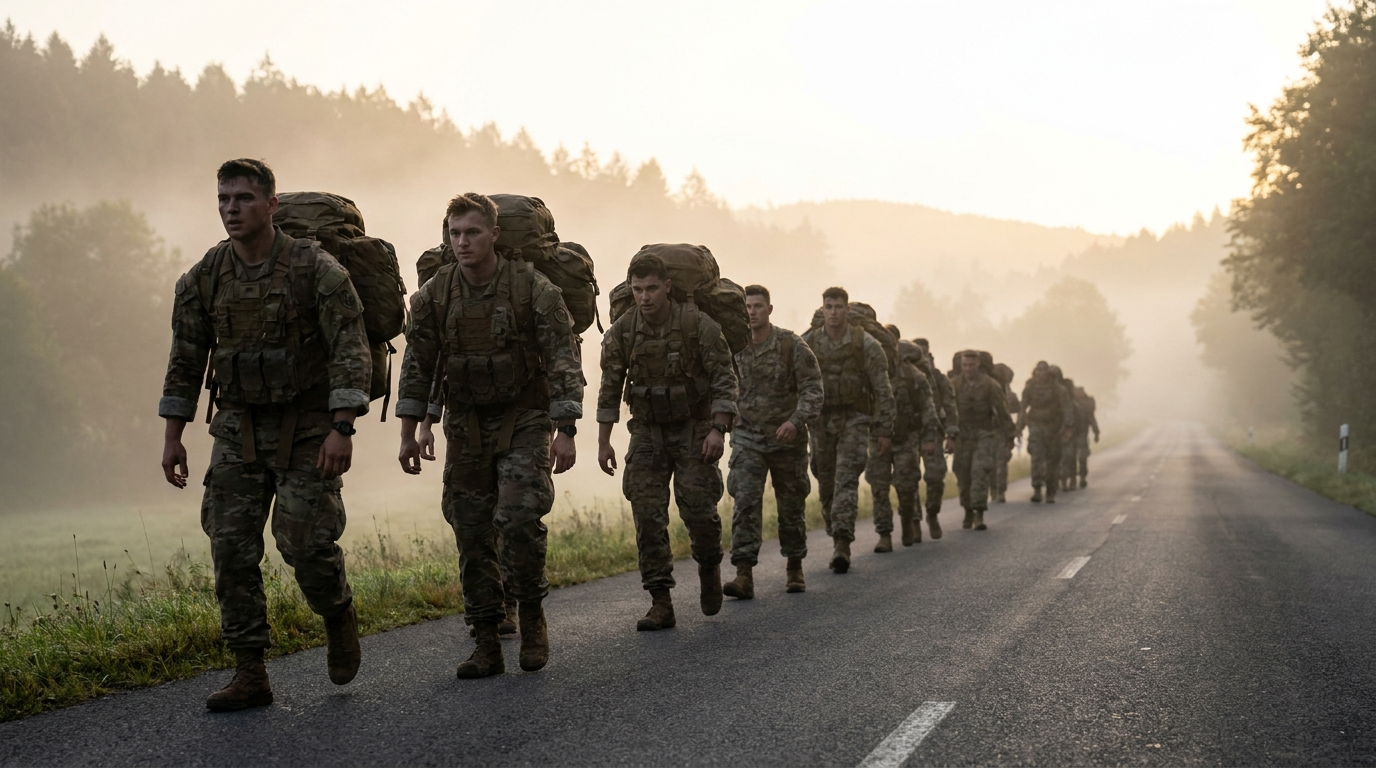 Soldiers rucking in a line on a road at dawn