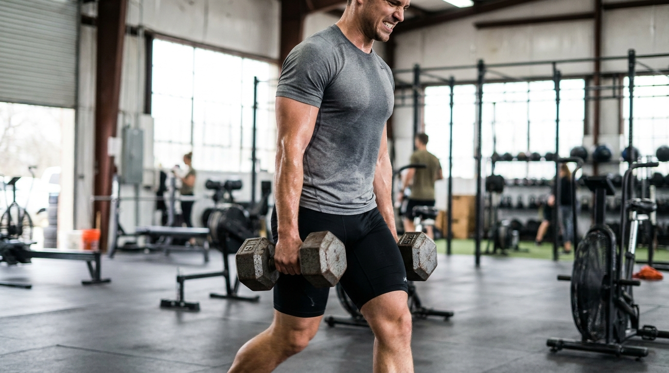 Athlete performing a heavy farmer's carry with dumbbells