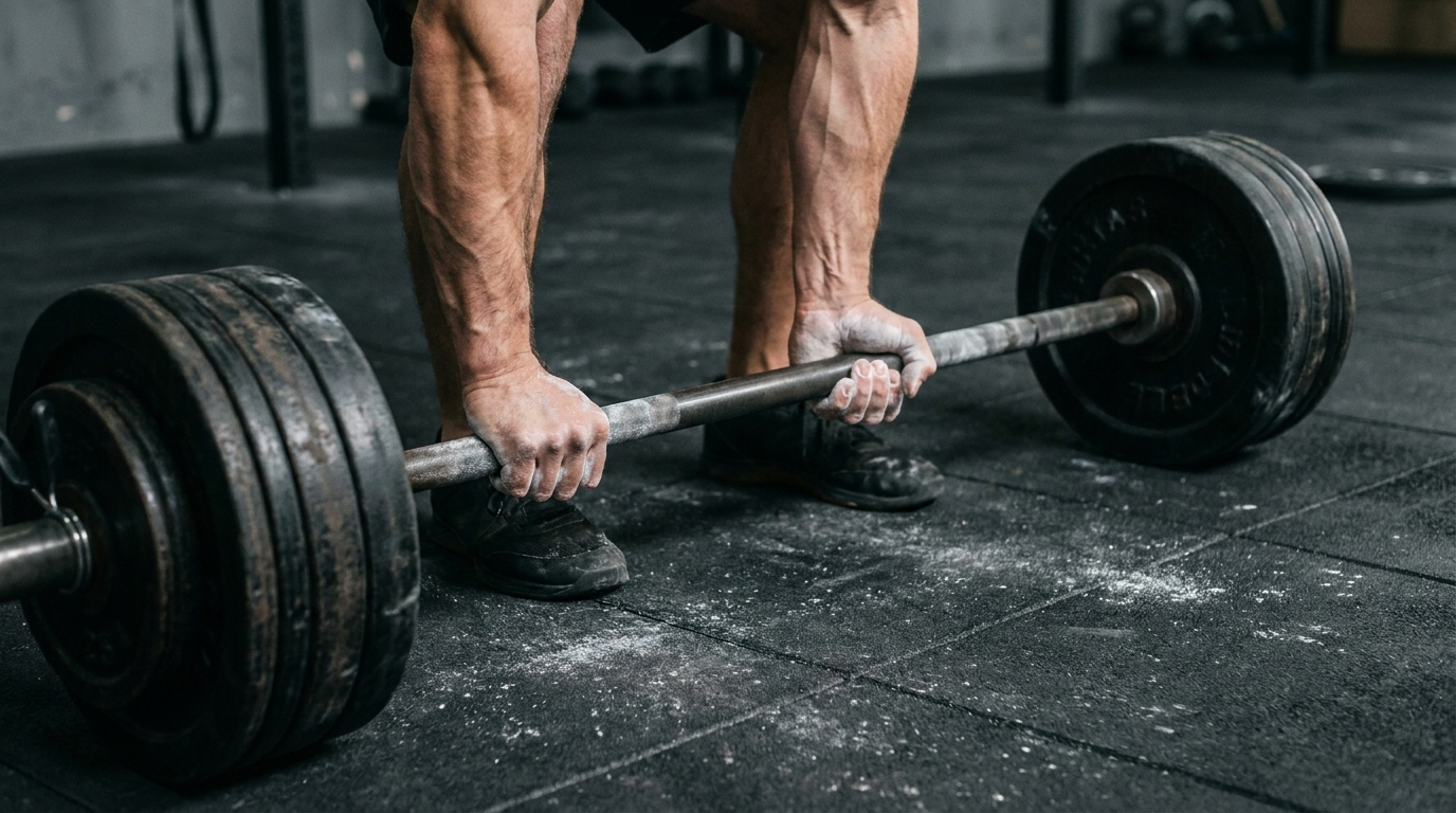 Chalked hands gripping a barbell for a heavy deadlift