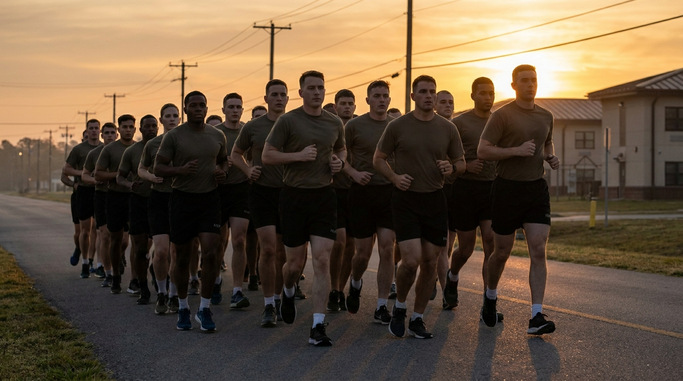 Soldiers running in formation during morning PT